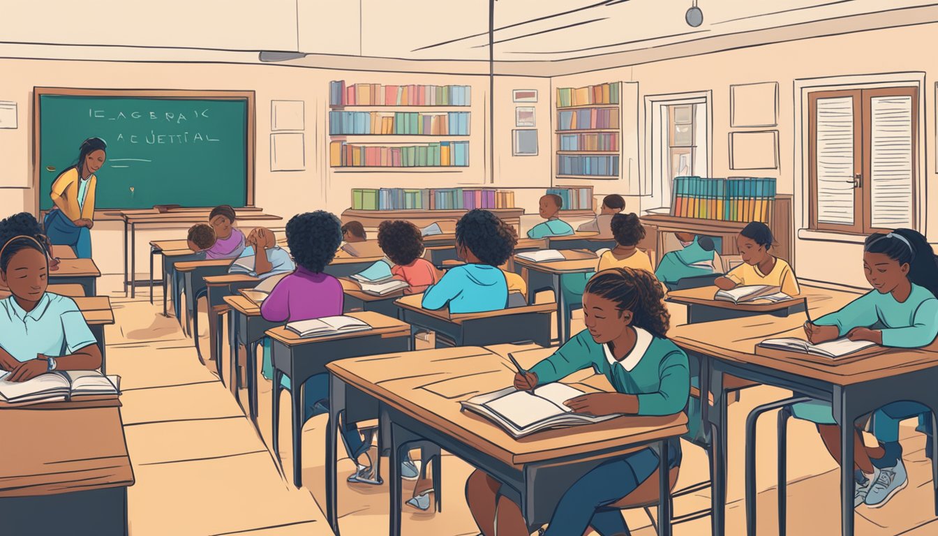 Students studying in a classroom with books, desks, and a chalkboard