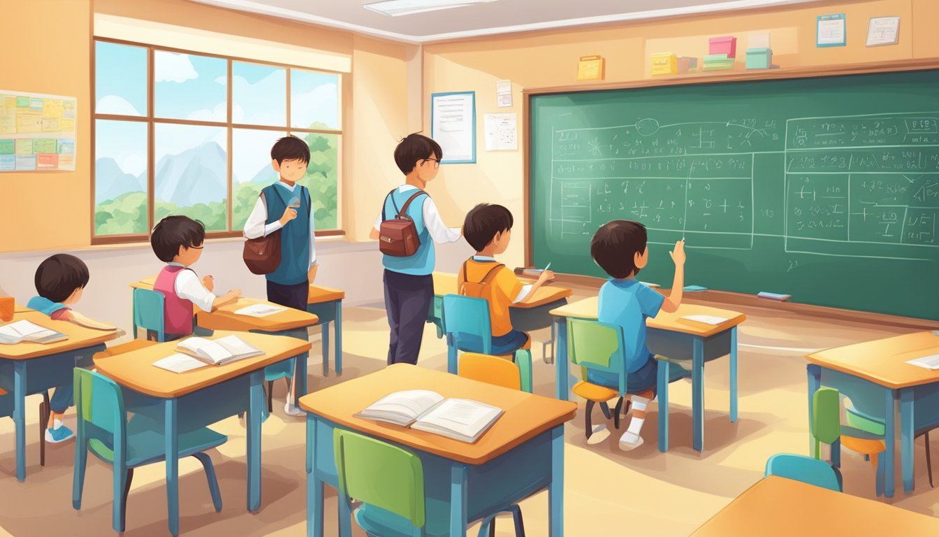 A bright classroom in Ang Mo Kio, with math equations on the board, students working at desks, and a tutor helping with a problem