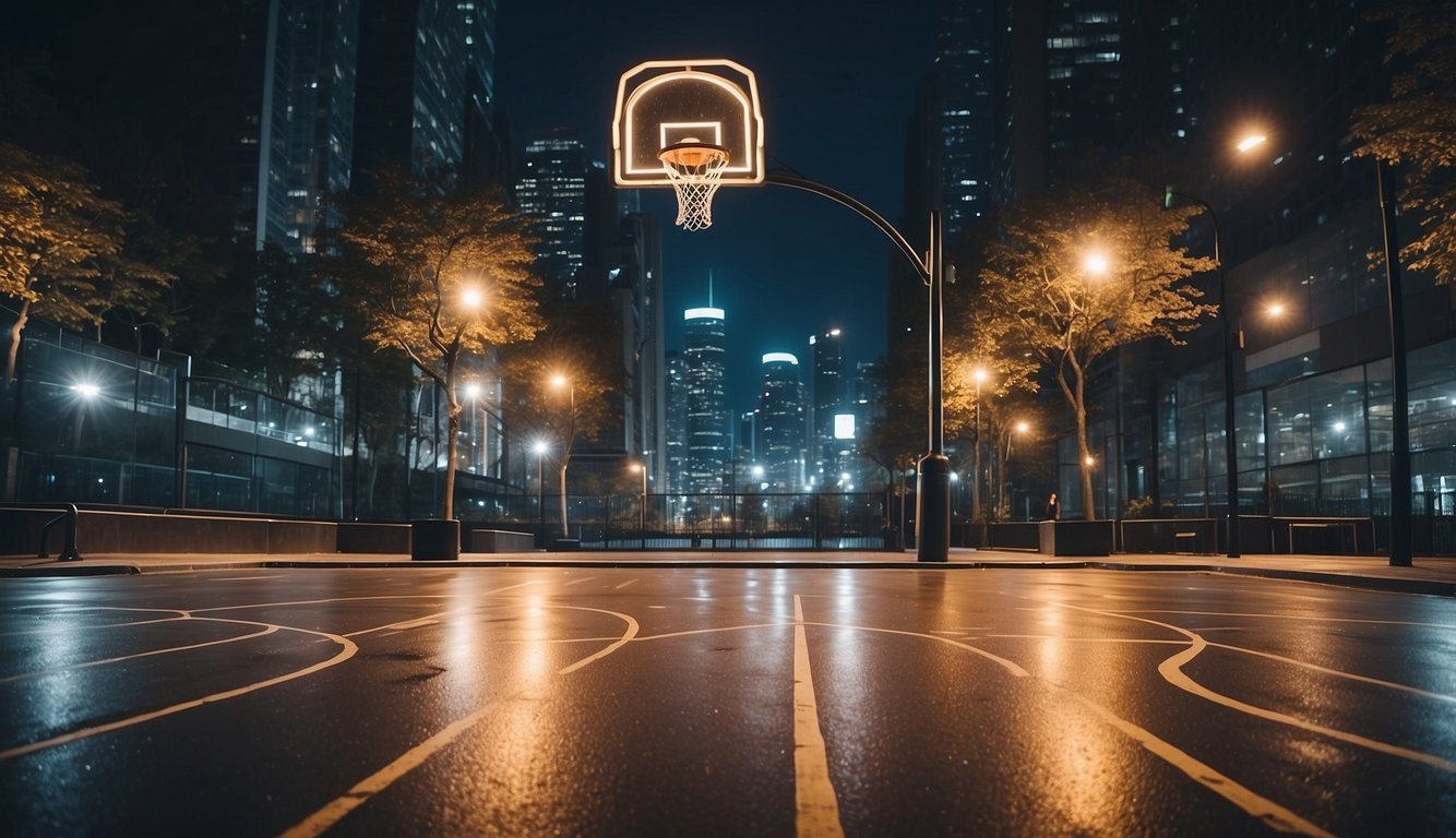 A vibrant city street, with a worn basketball court surrounded by tall buildings and bustling with people. The court is lit by the glow of street lamps, and the sound of dribbling echoes through the urban landscape