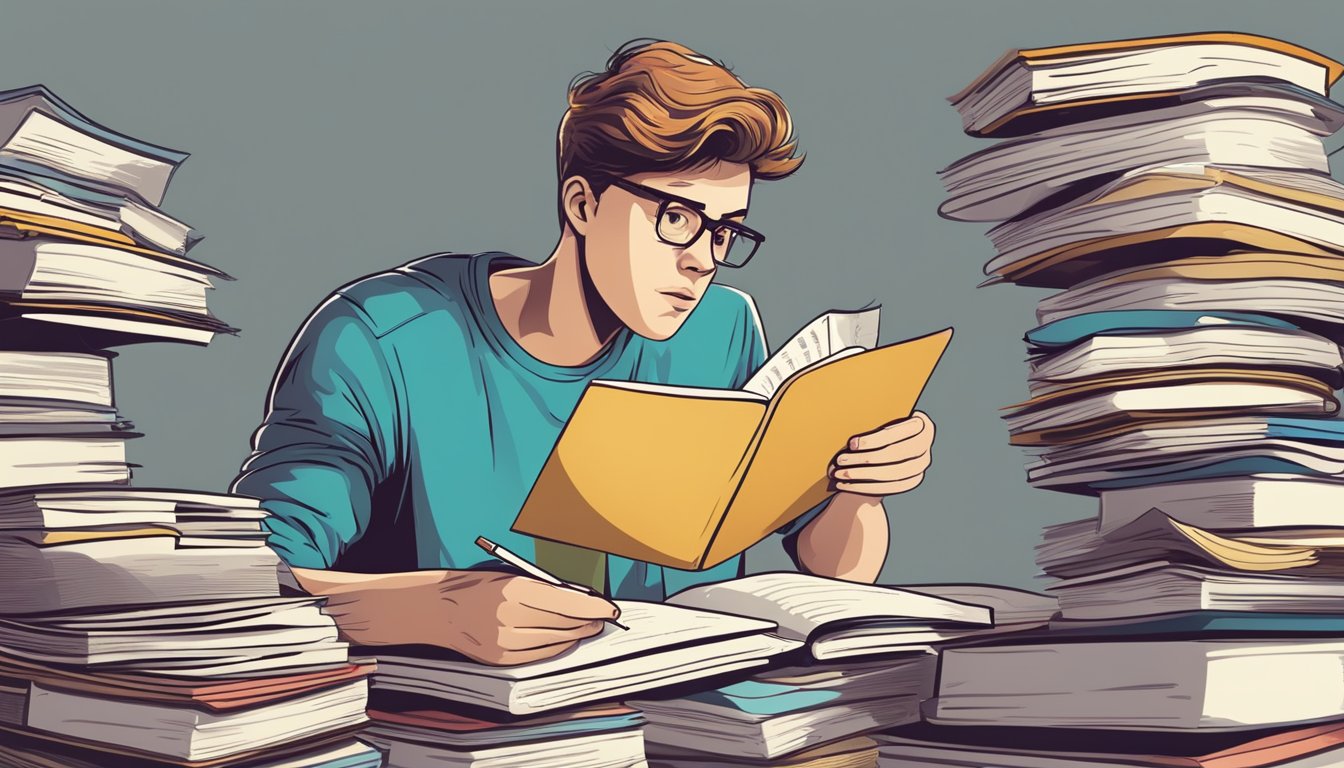 A student studying with a puzzled expression while looking at a list of tuition fees and financial documents