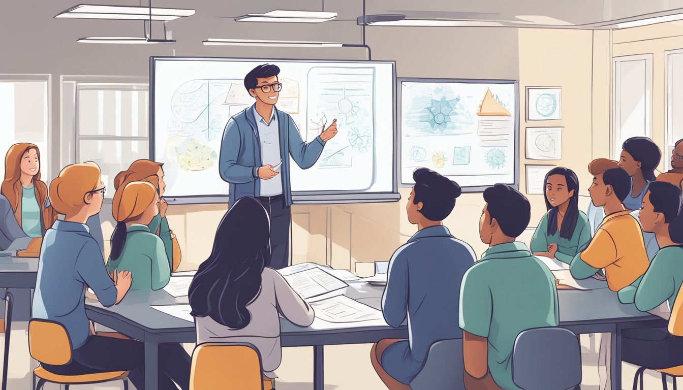 A group of students gathered around a whiteboard, engaged in a lively discussion about science topics. A tutor stands at the front, answering questions and providing explanations