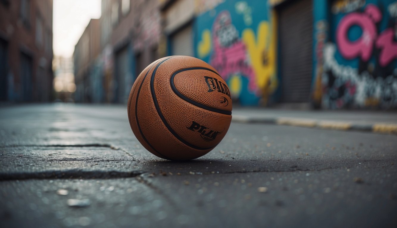 A basketball bouncing on a gritty urban street, surrounded by graffiti-covered walls and chain-link fences