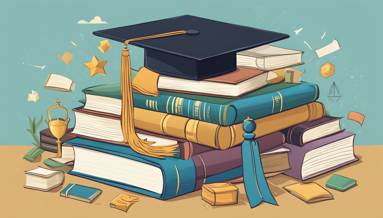 A pathway of books leads to a graduation cap, surrounded by symbols of success like a diploma and a trophy. A schedule with dates and times is displayed prominently