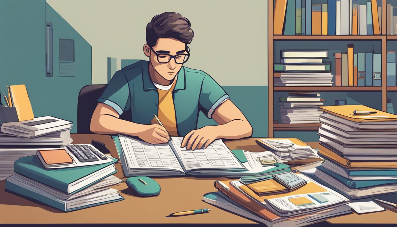 A student sits at a desk, surrounded by textbooks and a laptop, with a calculator and financial documents spread out in front of them, as they plan for their tuition expenses