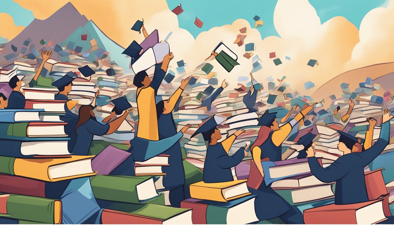 Students eagerly climb a mountain of books, reaching for a shining diploma at the peak