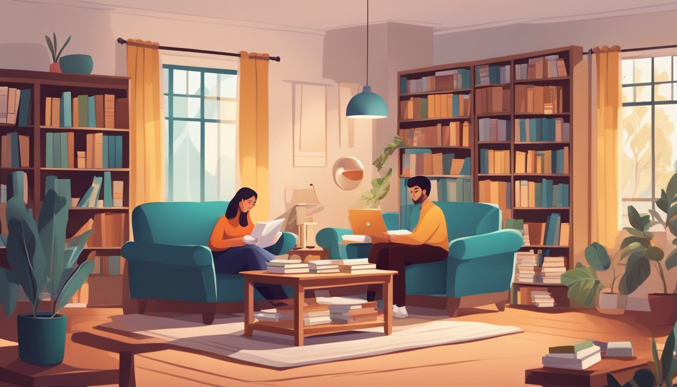 A cozy living room with a tutor and student studying together, surrounded by books and educational materials