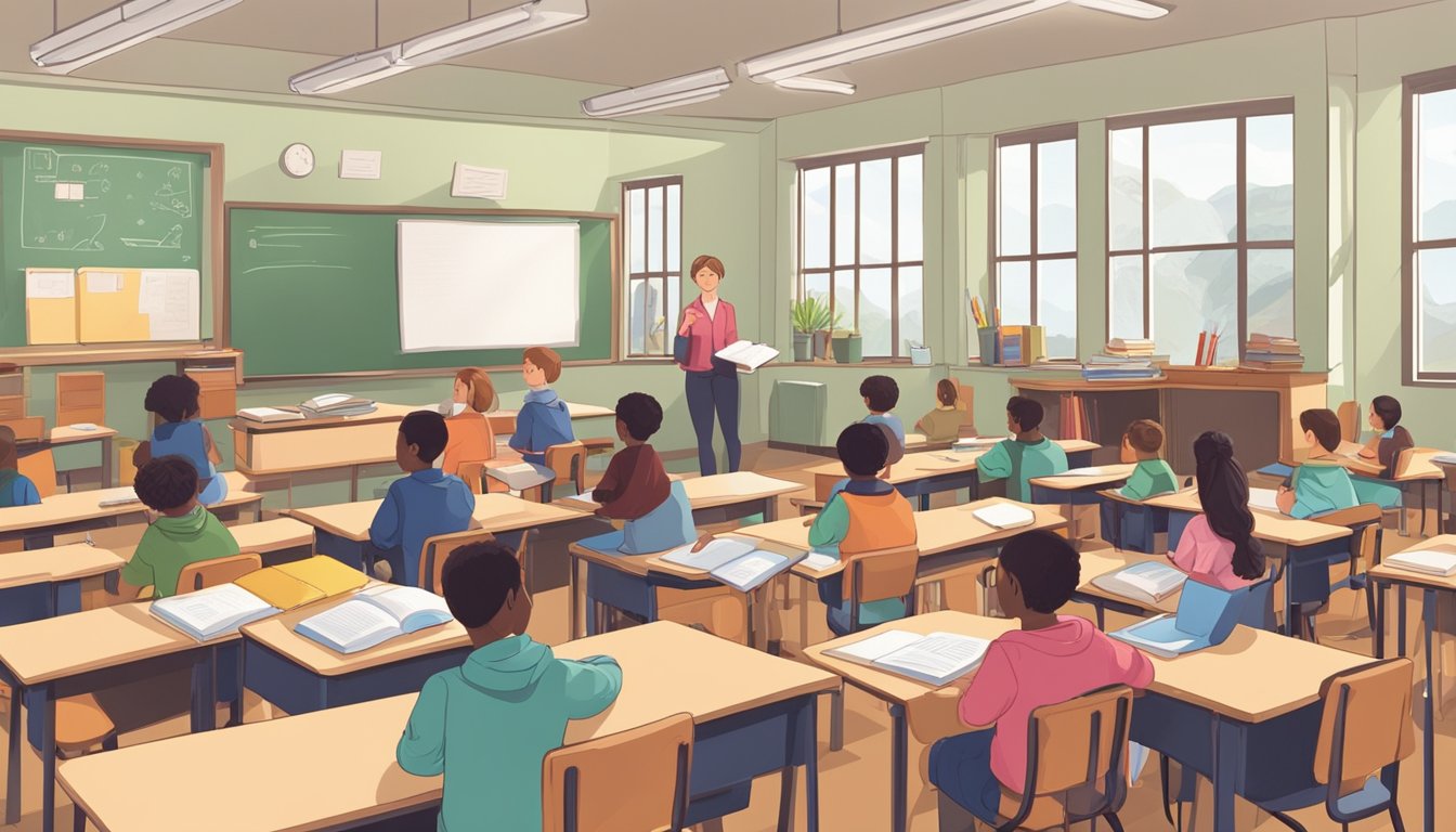 A group of students sitting at desks in a classroom, with a teacher at the front of the room leading a lesson. Textbooks and educational materials are scattered around the room