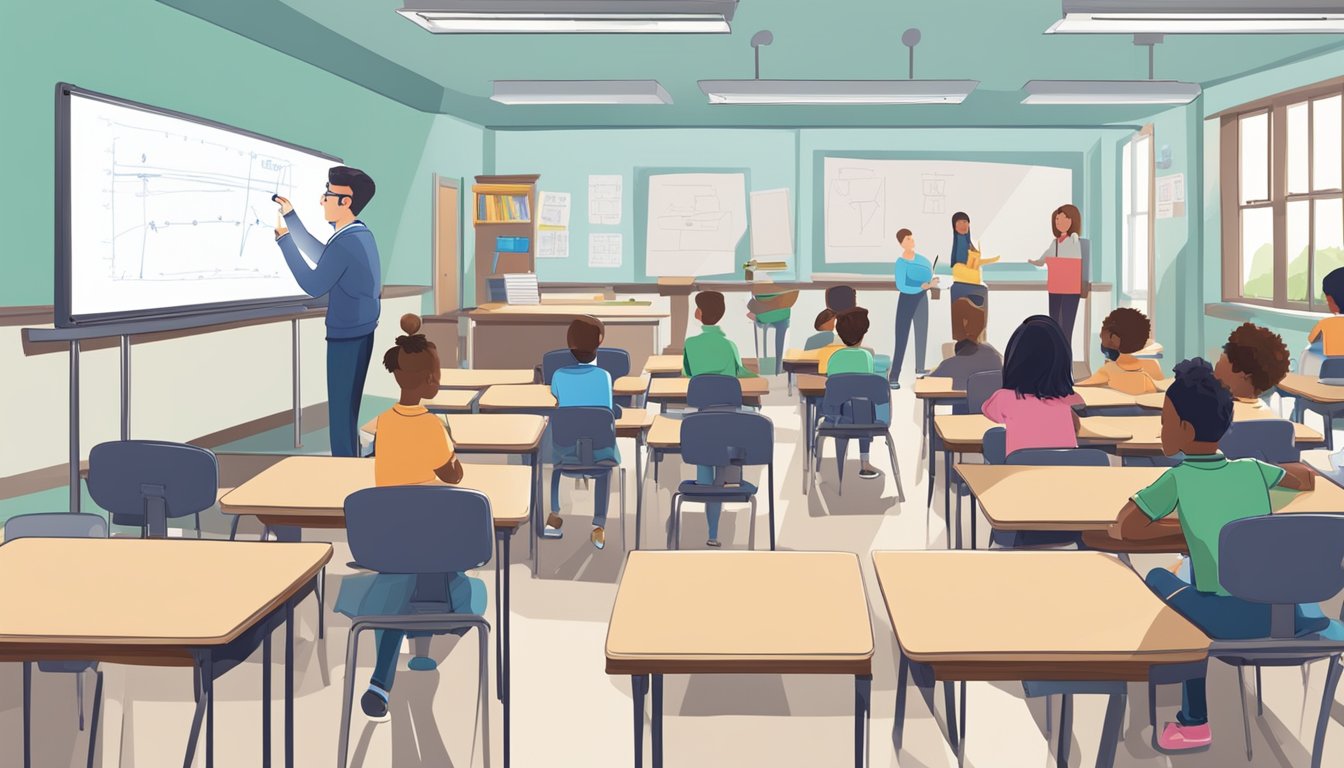 A classroom with a whiteboard, desks, and chairs. A teacher is writing "bpp tuition" on the board while students listen attentively