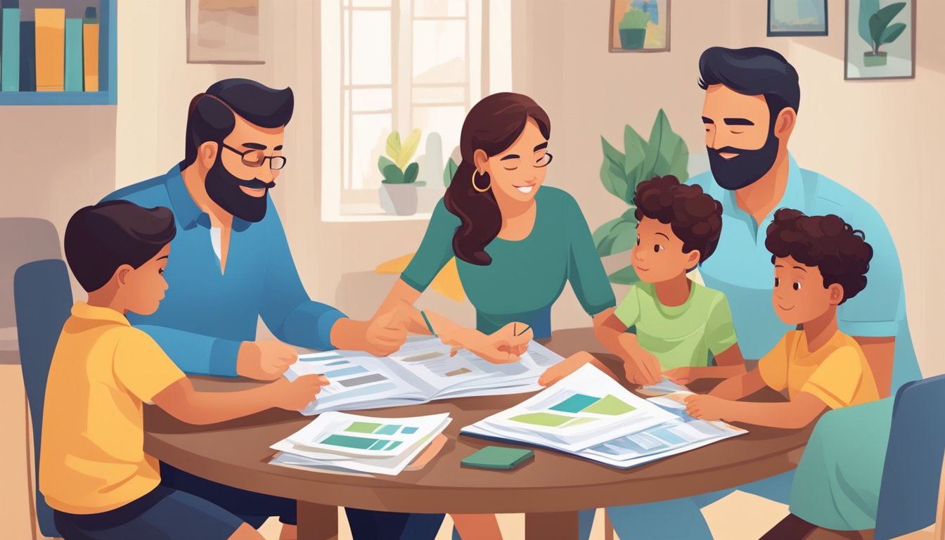 A family sits at a table, reviewing brochures from different home tuition agencies. The parents are discussing and comparing the benefits of each agency while the child looks on attentively