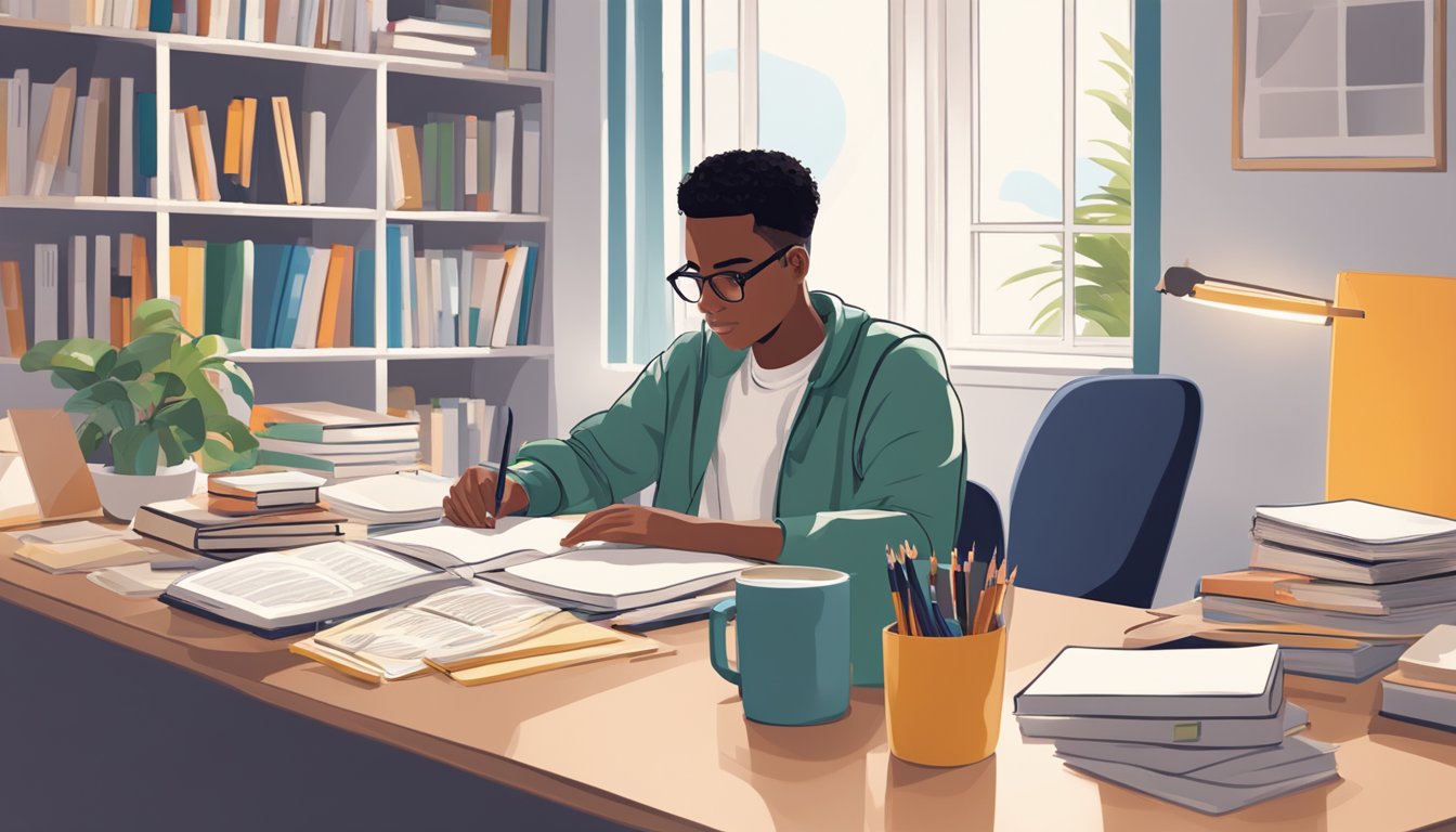 A student sits at a desk, studying textbooks with BPP Tuition Programme materials. The room is well-lit with a computer and study supplies on the desk