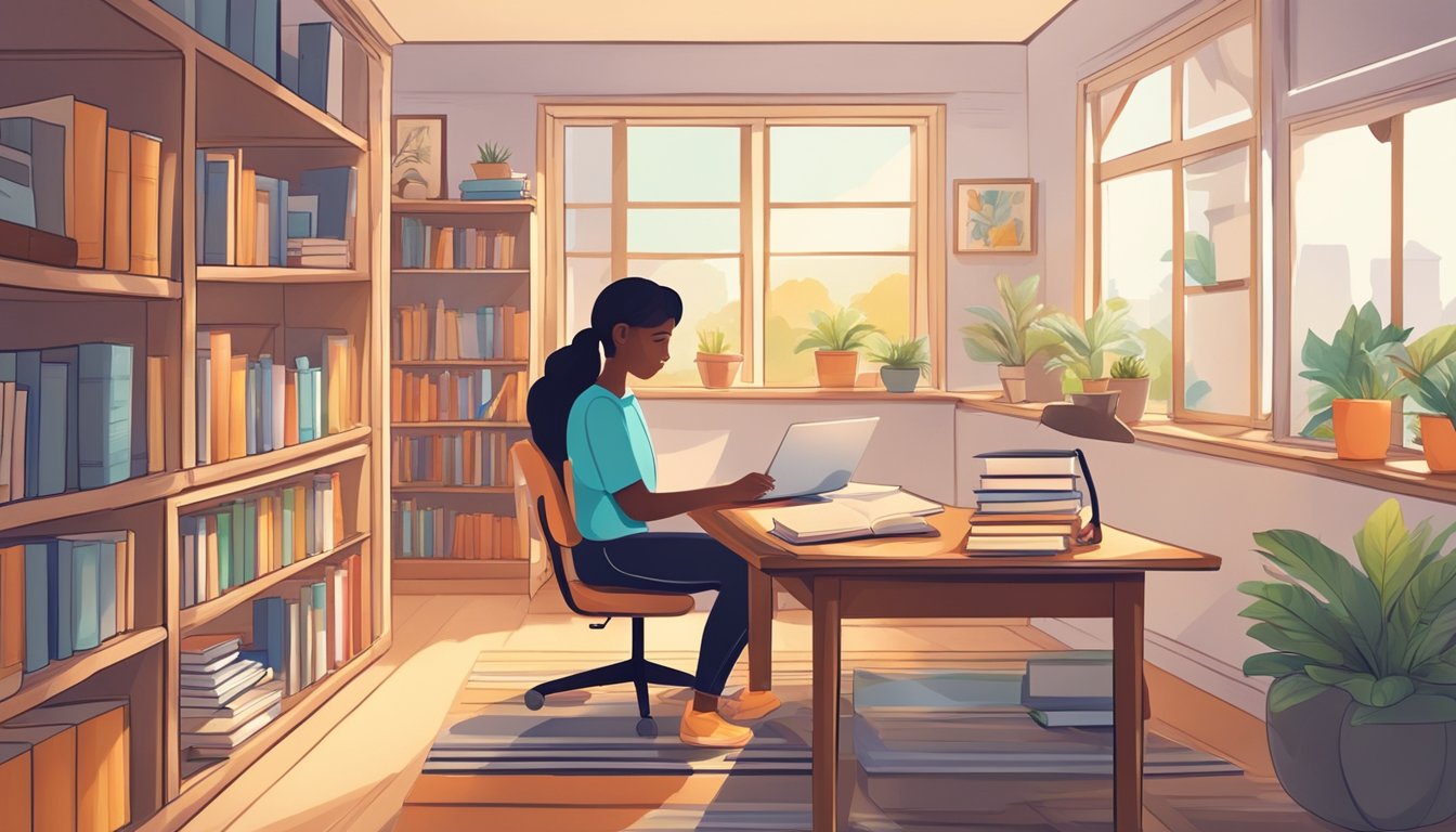 A bright, welcoming home environment with books, a study desk, and educational materials. A tutor and student engaged in learning activities, with a focus on personalized teaching and academic improvement