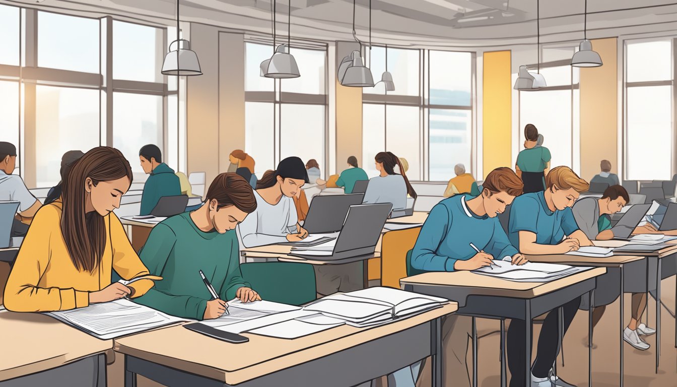 Students filling out forms, with documents in hand, at a tuition scheme office