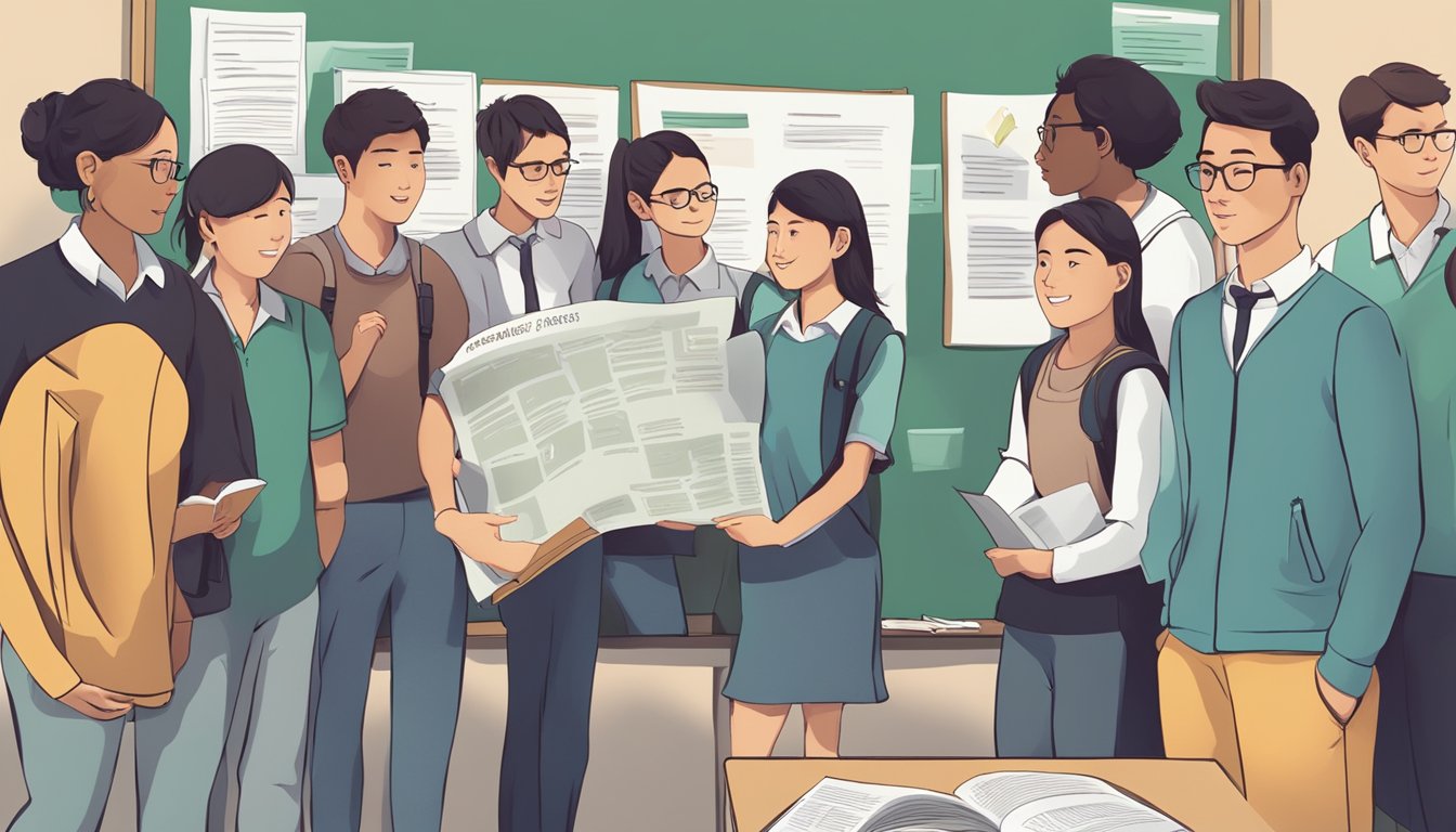 A group of students gather around a notice board, reading and discussing the "Frequently Asked Questions" about the Mendaki tuition scheme