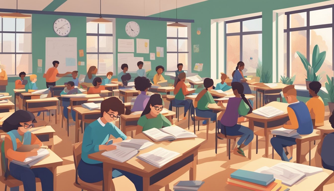A busy classroom with students studying and interacting with tutors. Materials and books are scattered on desks. The atmosphere is focused and lively