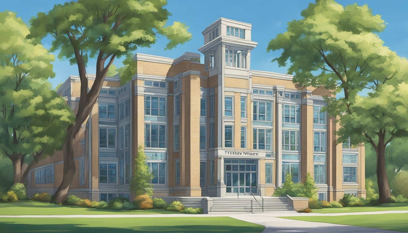 A school building stands tall against a backdrop of green trees and a clear blue sky, with the words "tuition west" displayed prominently on the front facade