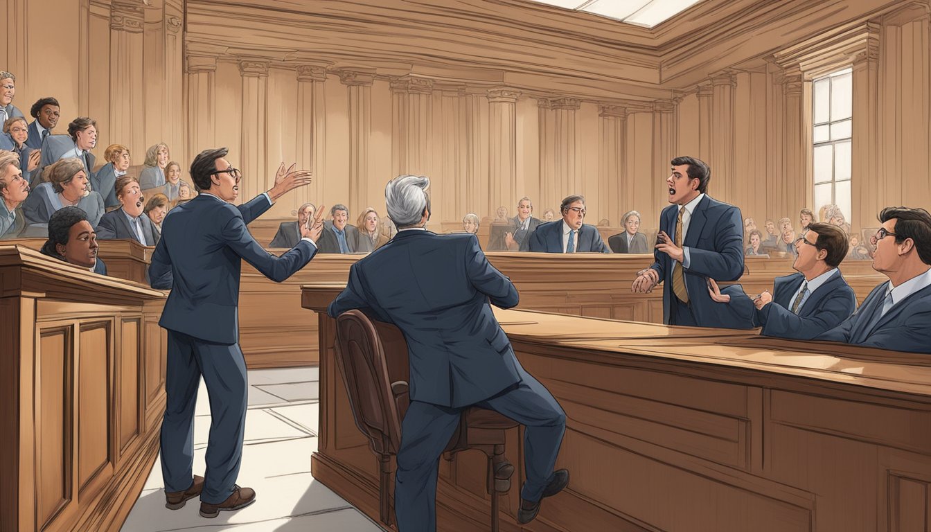 The courtroom buzzes as the tuition genius lawsuit unfolds, with lawyers passionately arguing their cases and the judge presiding over the dramatic scene