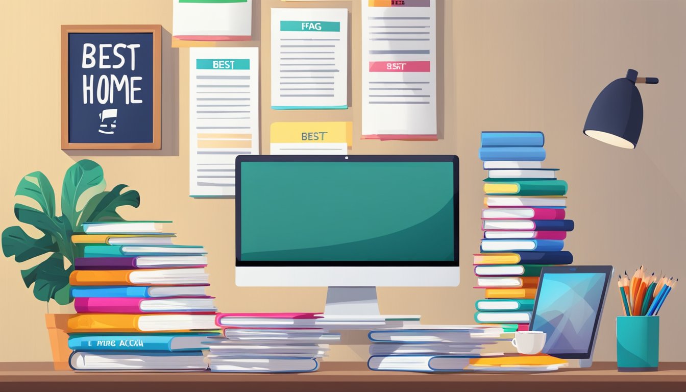A stack of FAQ papers with the title "Best Home Tuition Agency" on a desk, surrounded by books and a laptop