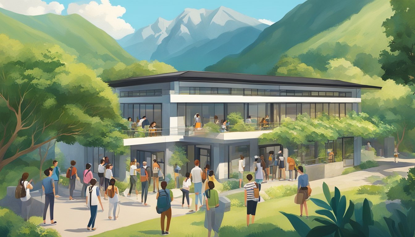 A group of students gather outside a small building nestled in the mountains, surrounded by lush greenery and a clear blue sky