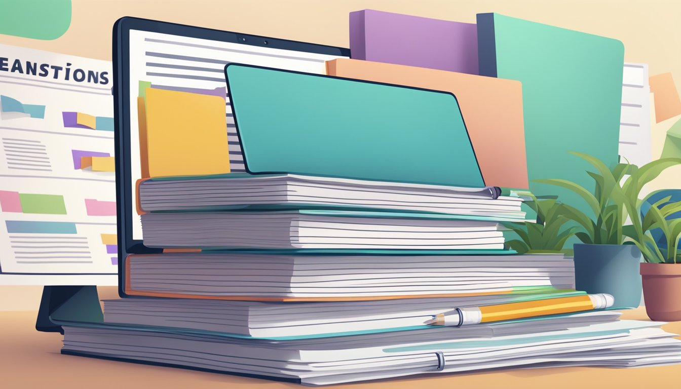 A stack of papers with "Frequently Asked Questions" on top, surrounded by textbooks and a laptop