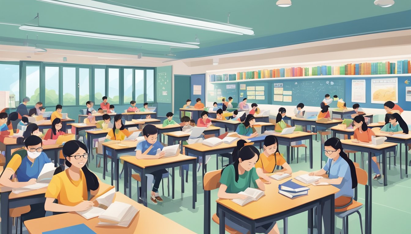 Students in a bustling tuition centre in Jurong West, Singapore. Brightly lit classrooms and study areas filled with books and educational materials
