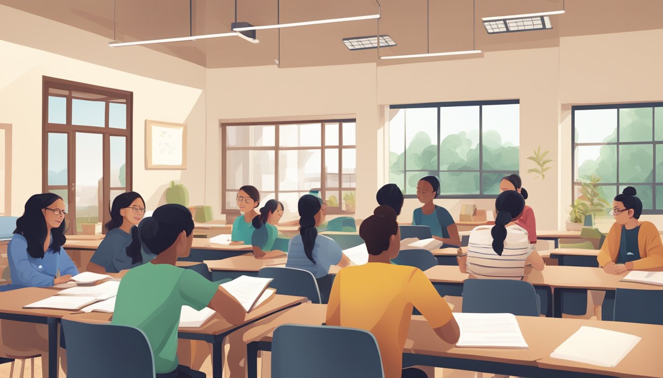 A group of students gathered at a Mendaki tuition location, studying and interacting with tutors in a classroom setting