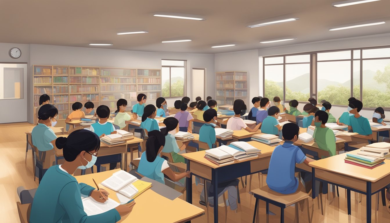 Students gather at Mendaki Tuition center, engaged in academic support and enrichment activities. The room is filled with books, study materials, and collaborative learning