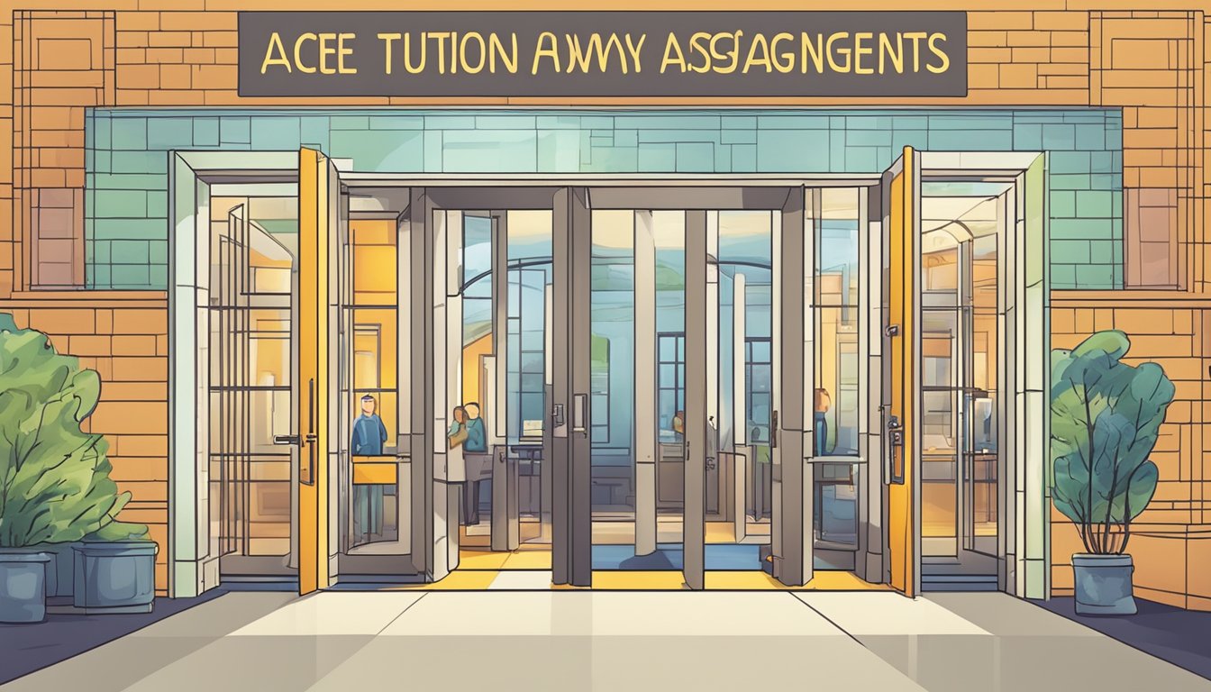 A bright, open gateway with the words "Ace Tuition Assignments" welcoming students into a world of academic success