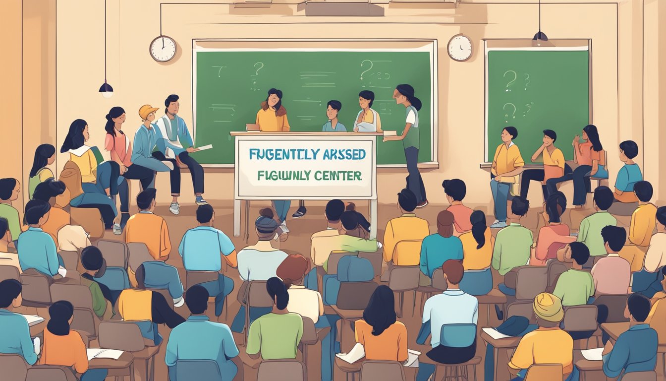 A group of students gather around a sign that reads "Frequently Asked Questions" at a tuition center in the west