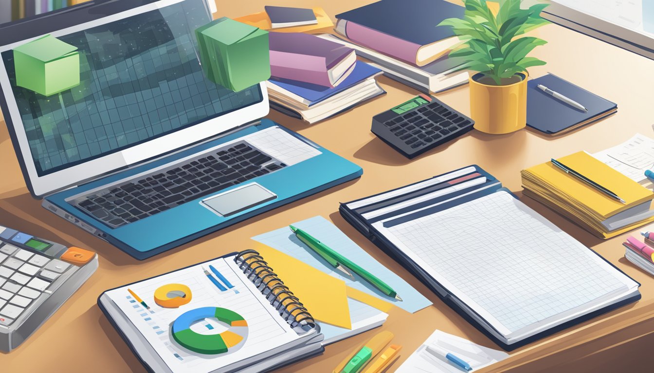 A stack of books and a calculator sit on a desk, surrounded by scattered papers and a laptop displaying a spreadsheet