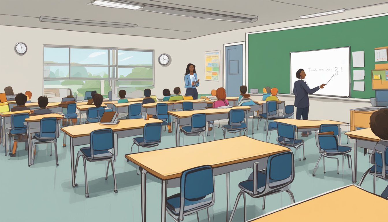 A classroom filled with desks and chairs, a whiteboard at the front, and a teacher standing in front of the class