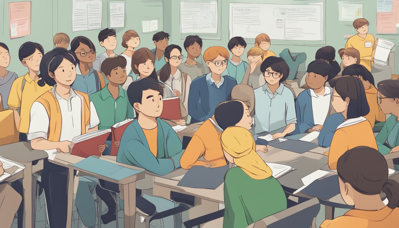 A group of students gather around a signboard labeled "Frequently Asked Questions" at the Mendaki tuition location. They appear to be engaged in conversation, some pointing at the sign while others listen attentively