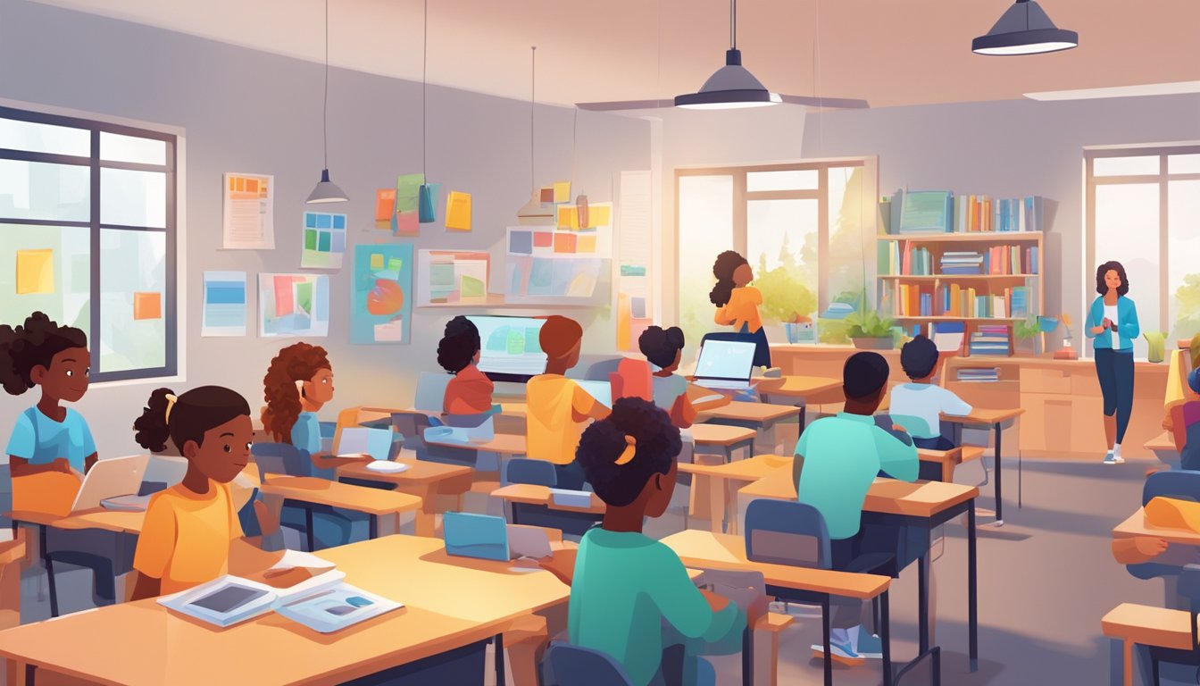 A bright classroom with diverse students engaged in interactive learning activities, surrounded by colorful educational materials and technology