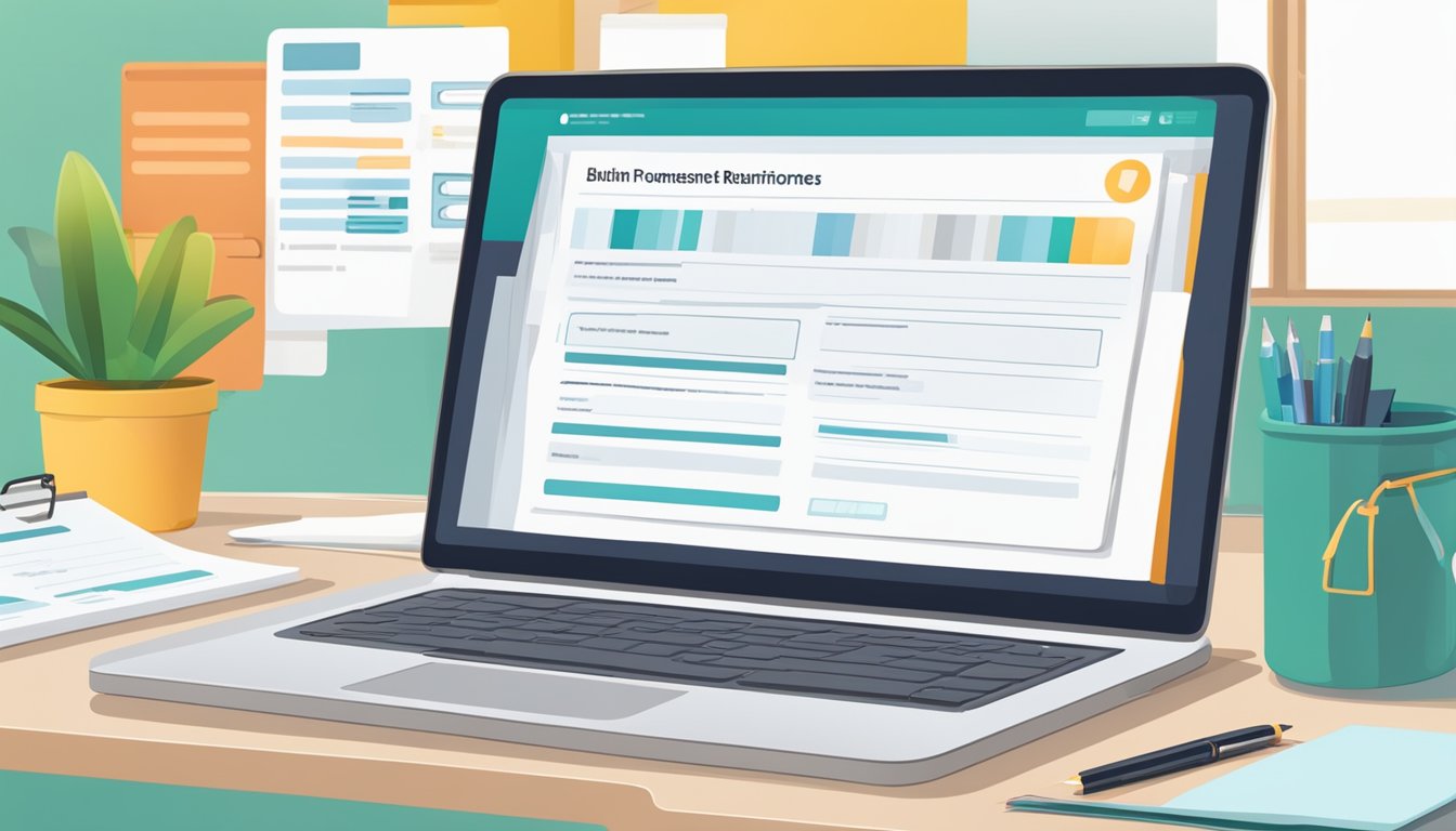 Employees submit tuition reimbursement forms online, with clear eligibility criteria listed. A laptop displaying the application process, with a checklist of requirements