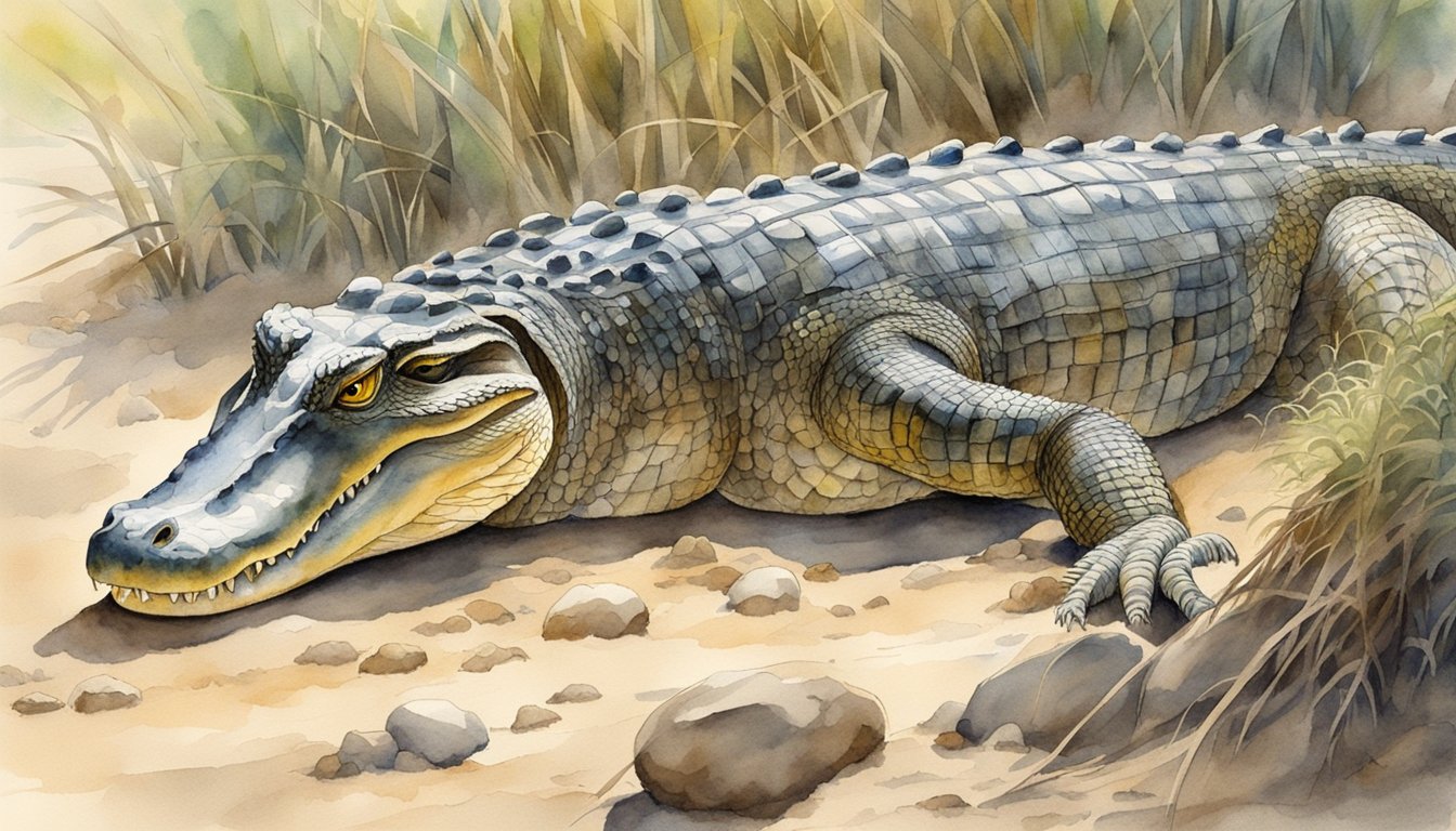 A nile crocodile lays eggs in a sandy riverbank, while conservationists monitor and protect the nesting site