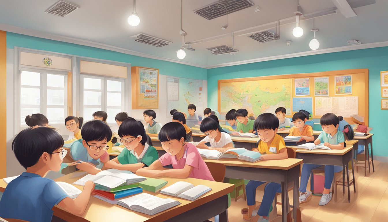 A cozy Chinese tuition center in Hougang, with colorful textbooks and posters adorning the walls, and small groups of students engrossed in their studies