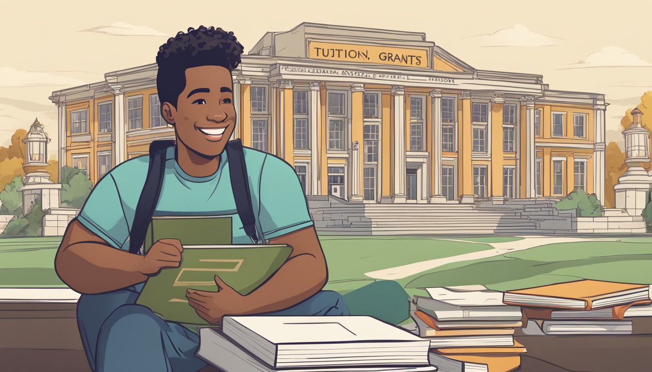 A student holds a certificate, smiling. A college building and a stack of books in the background. The words "Tuition Grants" are prominently displayed