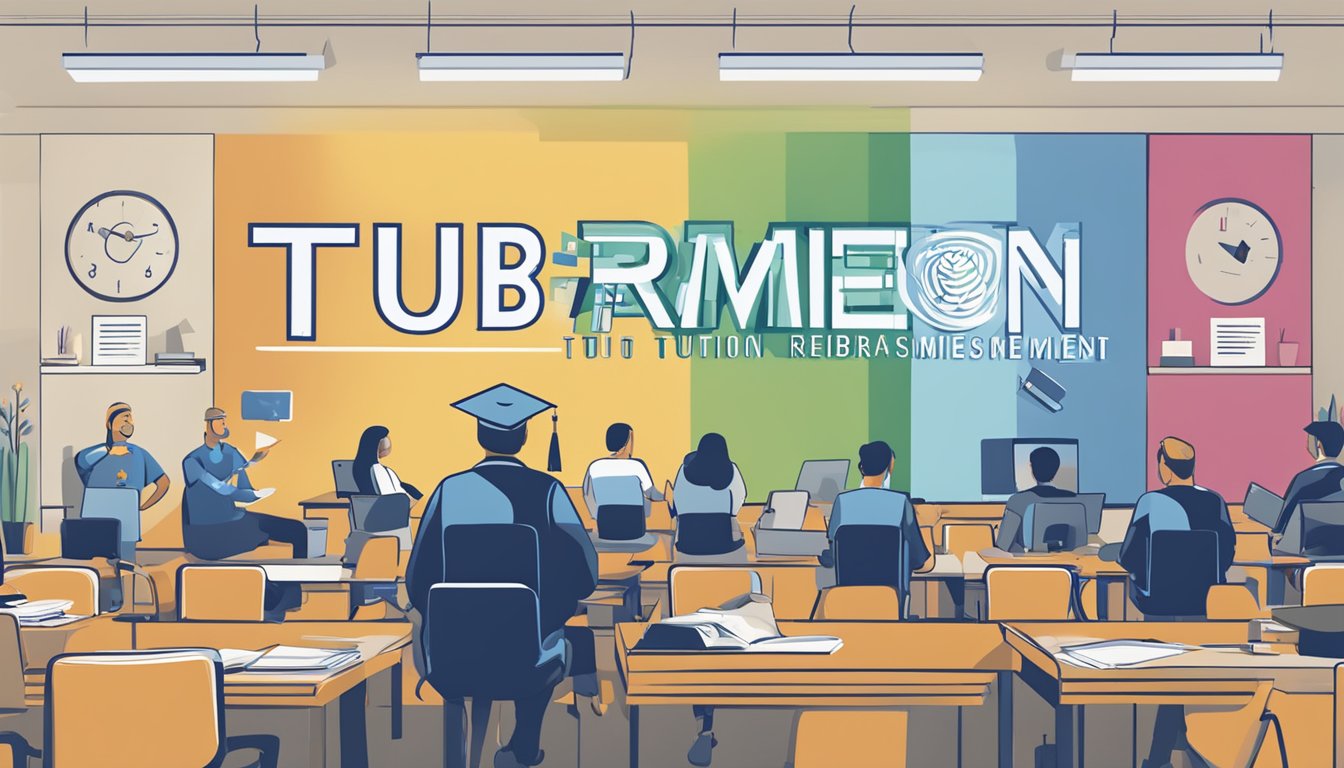 IBM logo displayed with text "Tuition Reimbursement" highlighted. Employees studying or attending classes. Symbolic graduation cap and diploma nearby