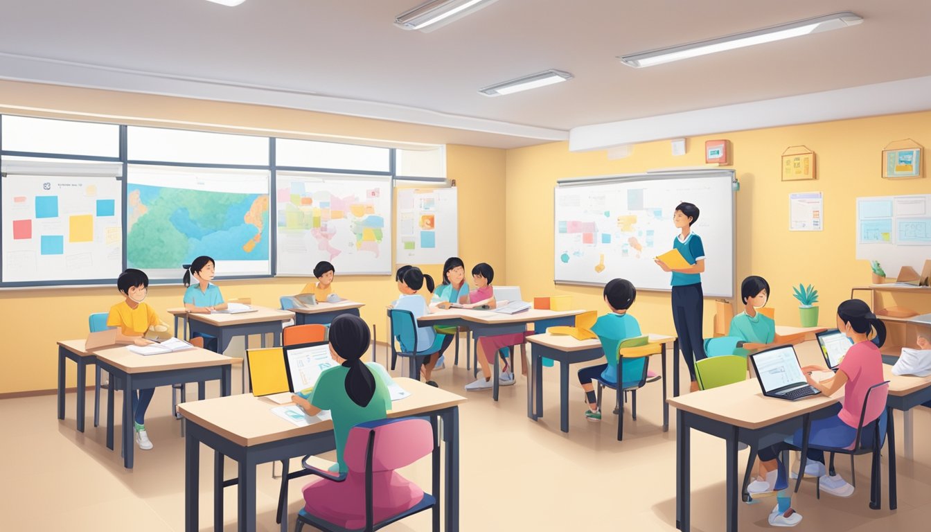 Students studying in small groups at Chinese tuition centres in Hougang. Whiteboards, textbooks, and colorful posters decorate the room