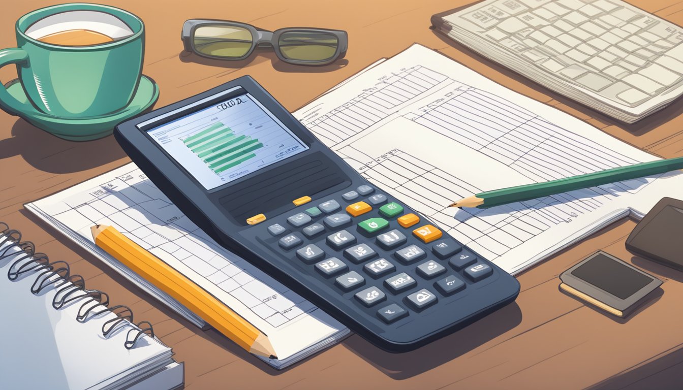 A stack of books and a calculator sit on a desk, with a pencil and notebook nearby. A laptop displays a spreadsheet of financial data