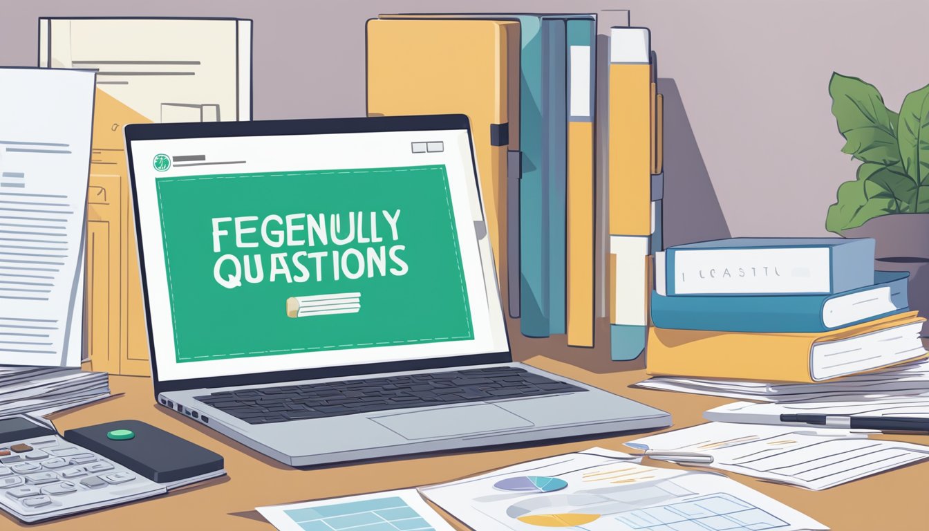 An open laptop displaying "Frequently Asked Questions: IBM Tuition Reimbursement" with a stack of paperwork and a calculator nearby