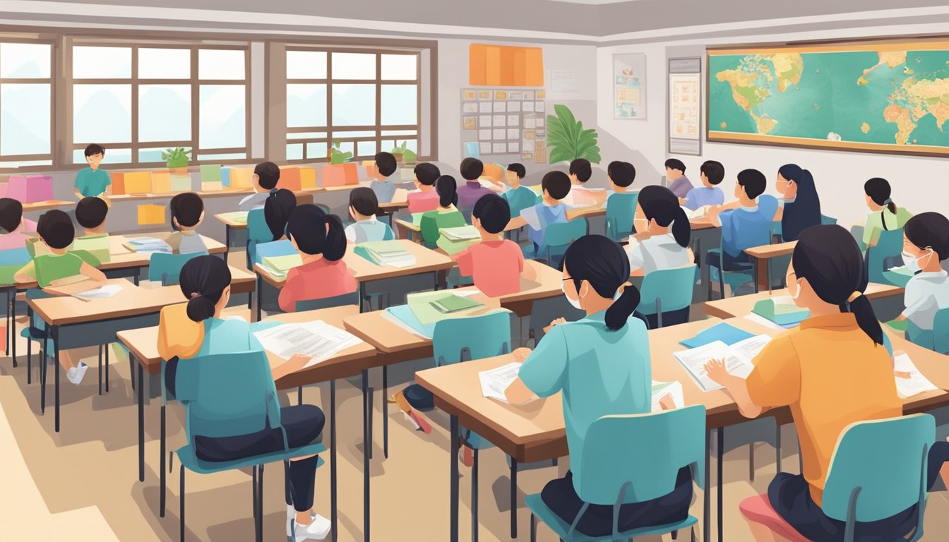 A classroom filled with Chinese language learning materials and students engaged in various learning approaches at a tuition center in Hougang