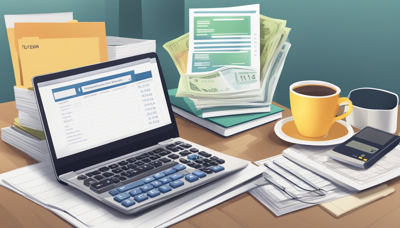 A stack of bills and a calculator on a desk, with a laptop open to a website labeled "Tuition Fees and Financial Information lynn tuition."