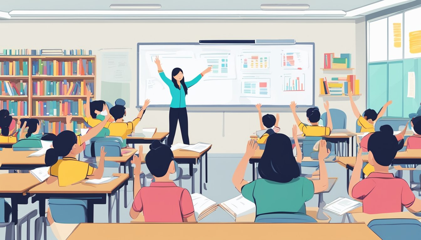 A group of students eagerly raise their hands, surrounded by books and study materials, as a teacher stands in front of a whiteboard with "Frequently Asked Questions Chinese Tuition Hougang" written on it