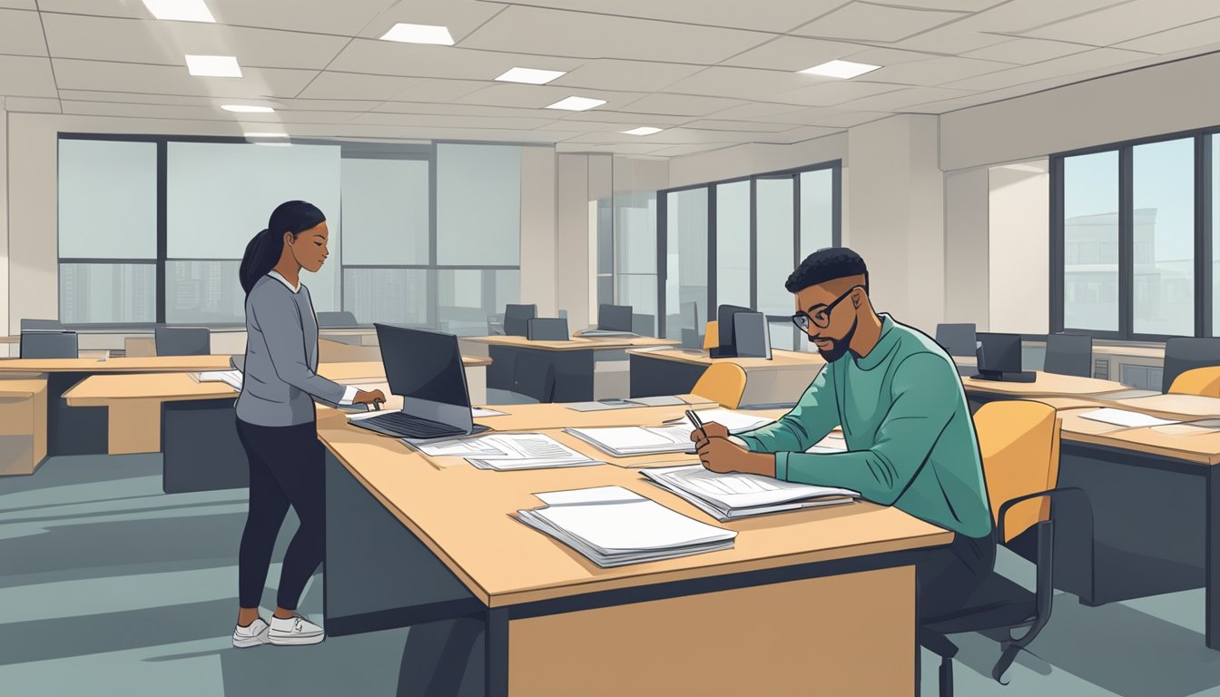 A student submits paperwork to the financial aid office, while an advisor explains the tuition grant process. Files and forms cover the desk