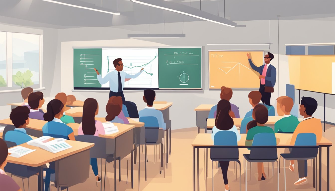 A classroom with a whiteboard, textbooks, and a teacher explaining accounting concepts to attentive students