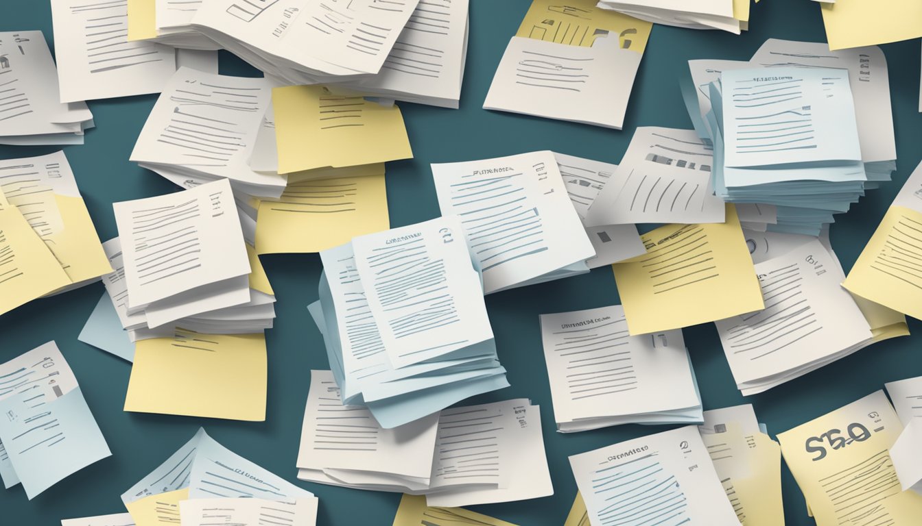 A stack of FAQ papers with "tuition" written on top, surrounded by question marks and a spotlight