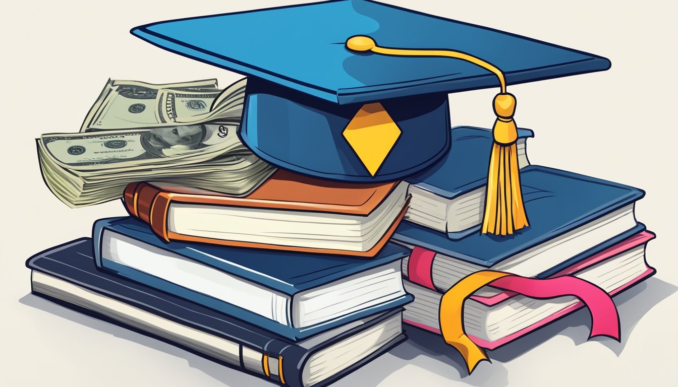 A stack of books with a graduation cap on top, surrounded by dollar signs and a calculator