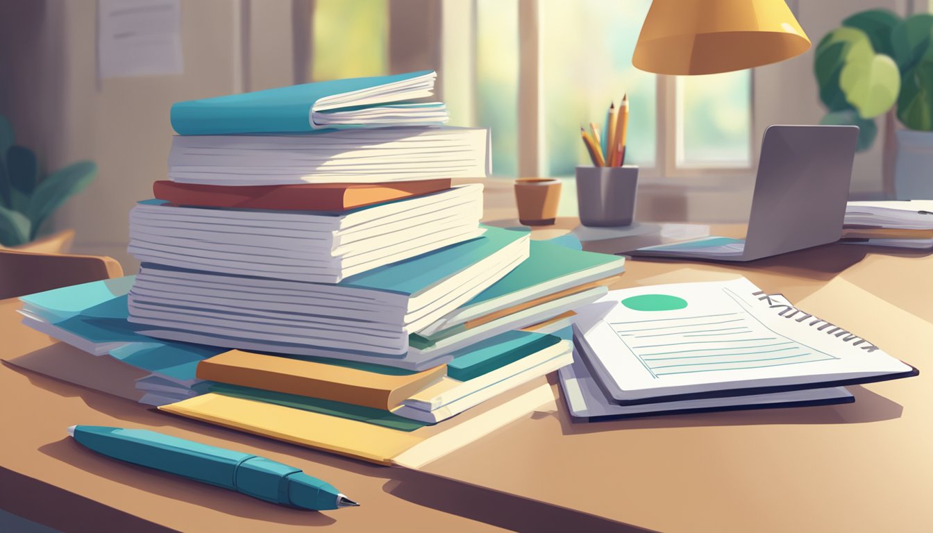 A stack of FAQ papers on a desk, with "Lynn Tuition" written in bold letters. A laptop and pen sit nearby