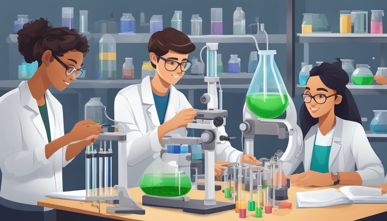 Students engaged in hands-on experiments, surrounded by lab equipment and educational materials, with a knowledgeable tutor guiding them