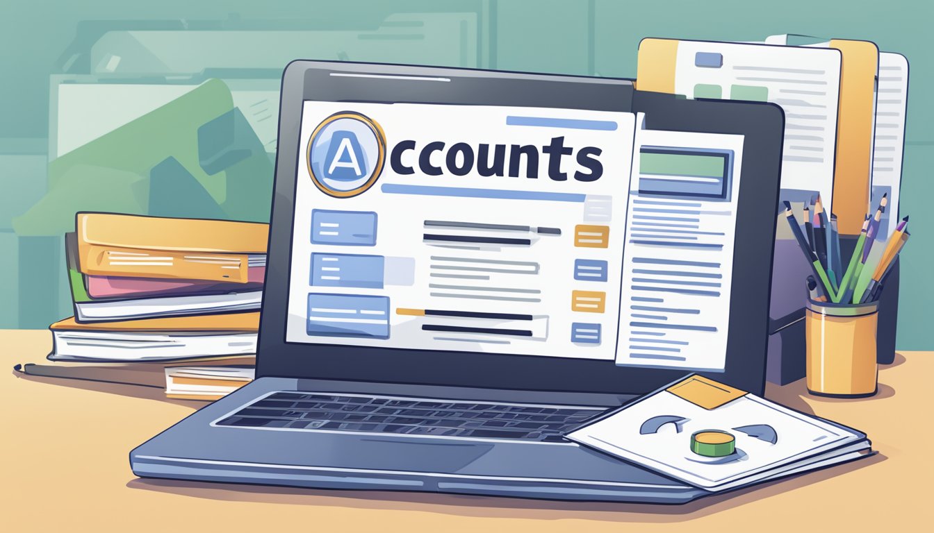 A stack of FAQ documents next to a laptop with "Accounts Tuition" on the screen